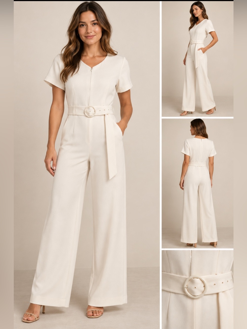 Club Monaco Cream Short-Sleeve Wide-Leg Belted Jumpsuit Size-14 Quiet Luxury